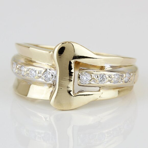 14k Yellow & White Gold CZ Cubic Zirconia Stone Buckle Ring Band